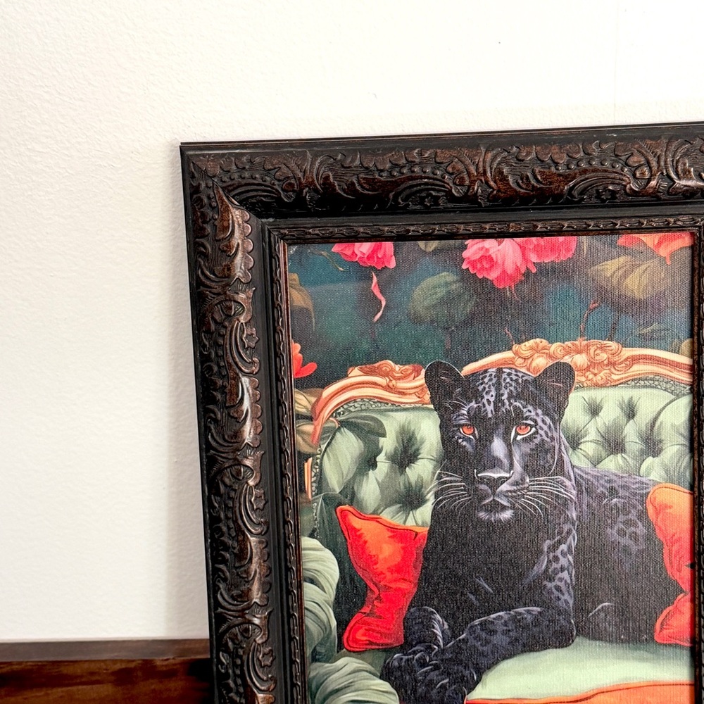 Fancy Black Panther on Vintage Couch Moody Floral Canvas Art Print Ornate Frame - Picture 3 of 9